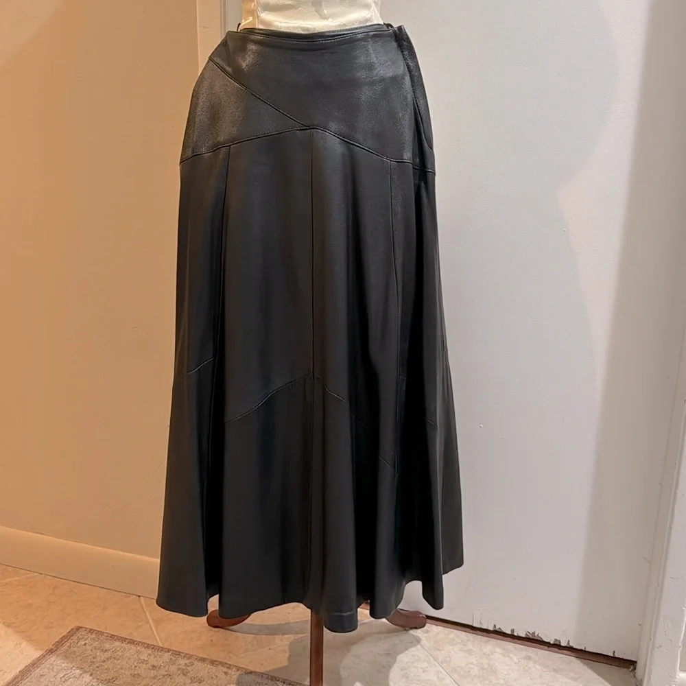 Gingette Leather Vintage Black Soft Maxi Lined Zip Genuine Skirt Israel 26” - Picture 2 of 16